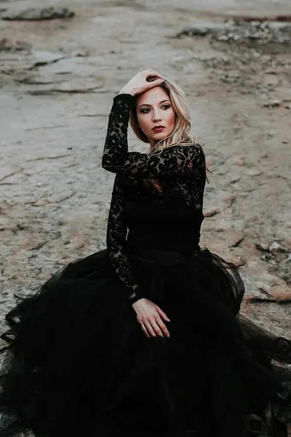 Appliqued A-Line Lace Black Wedding Dress Bridal Gown TD0004