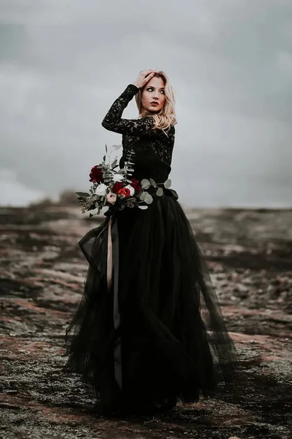 Appliqued A-Line Lace Black Wedding Dress Bridal Gown TD0004
