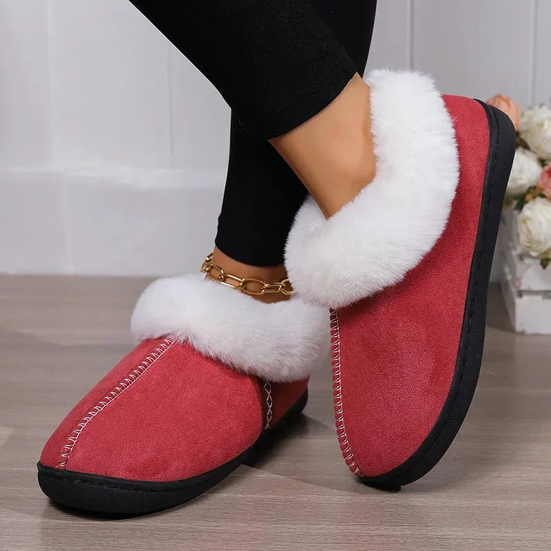 binfenxie  -  Winter Warm Fur Indoor Home Slippers Women Faux Suede Closed Toe Couple Slippers Woman Comfort Soft Sole House Shoes Slides