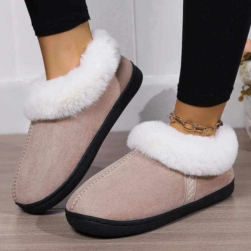 binfenxie  -  Winter Warm Fur Indoor Home Slippers Women Faux Suede Closed Toe Couple Slippers Woman Comfort Soft Sole House Shoes Slides