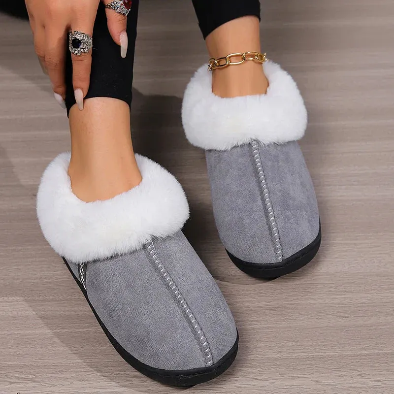 binfenxie  -  Winter Warm Fur Indoor Home Slippers Women Faux Suede Closed Toe Couple Slippers Woman Comfort Soft Sole House Shoes Slides