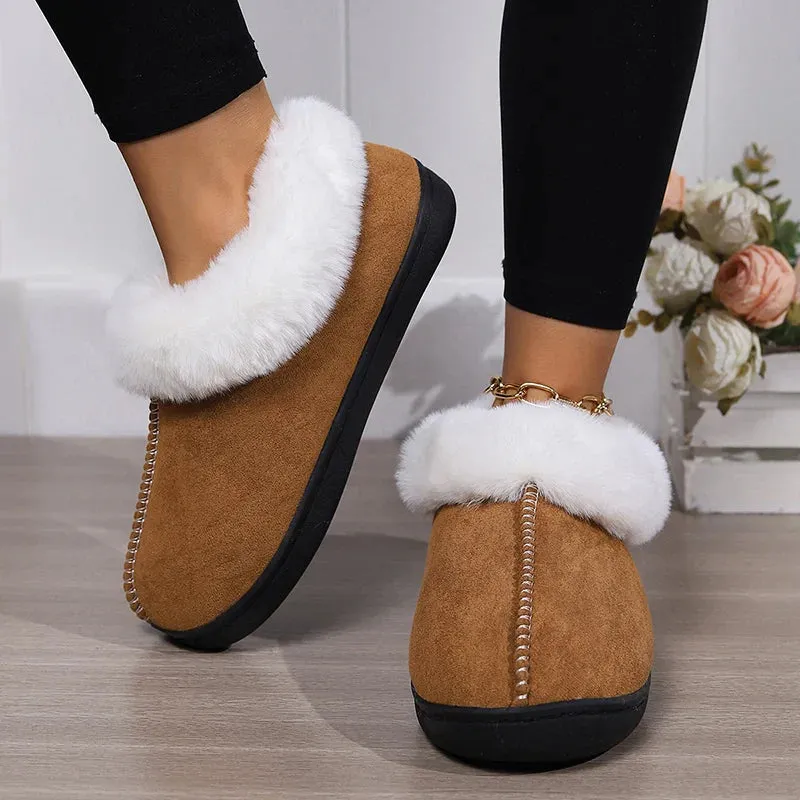 binfenxie  -  Winter Warm Fur Indoor Home Slippers Women Faux Suede Closed Toe Couple Slippers Woman Comfort Soft Sole House Shoes Slides