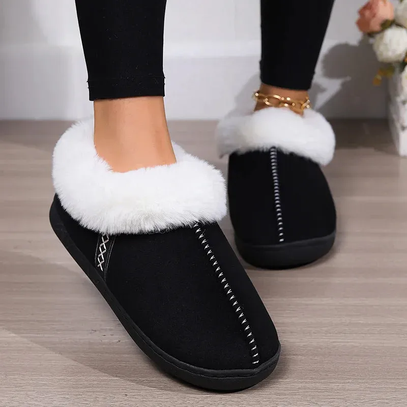 binfenxie  -  Winter Warm Fur Indoor Home Slippers Women Faux Suede Closed Toe Couple Slippers Woman Comfort Soft Sole House Shoes Slides