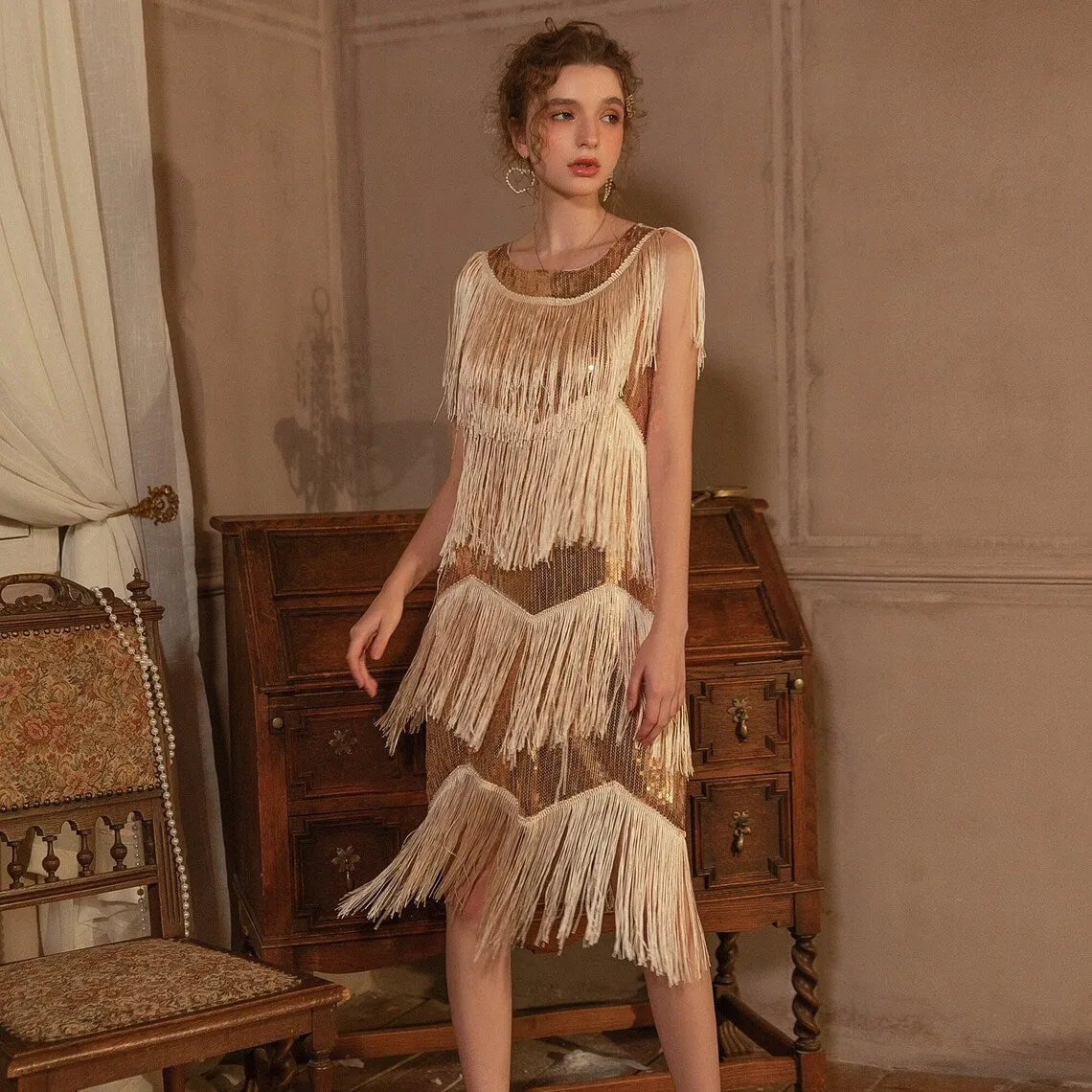 Greta Flapper Gatsby Dress, Prom Fringe Dress 1920s Vintage inspired Great Gatsby Art Deco Charleston Downton Abbey Bridesmaid Wedding