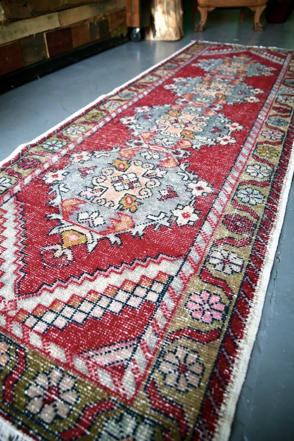 Vintage Faded Anatolian Turkish Runner Rug 3.4ftx9.9ft