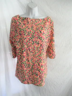 Vintage LILLY PULITZER Cotton Shirt BIRD FLORAL Ruffle Top XL Preppy YELLLOW PINK