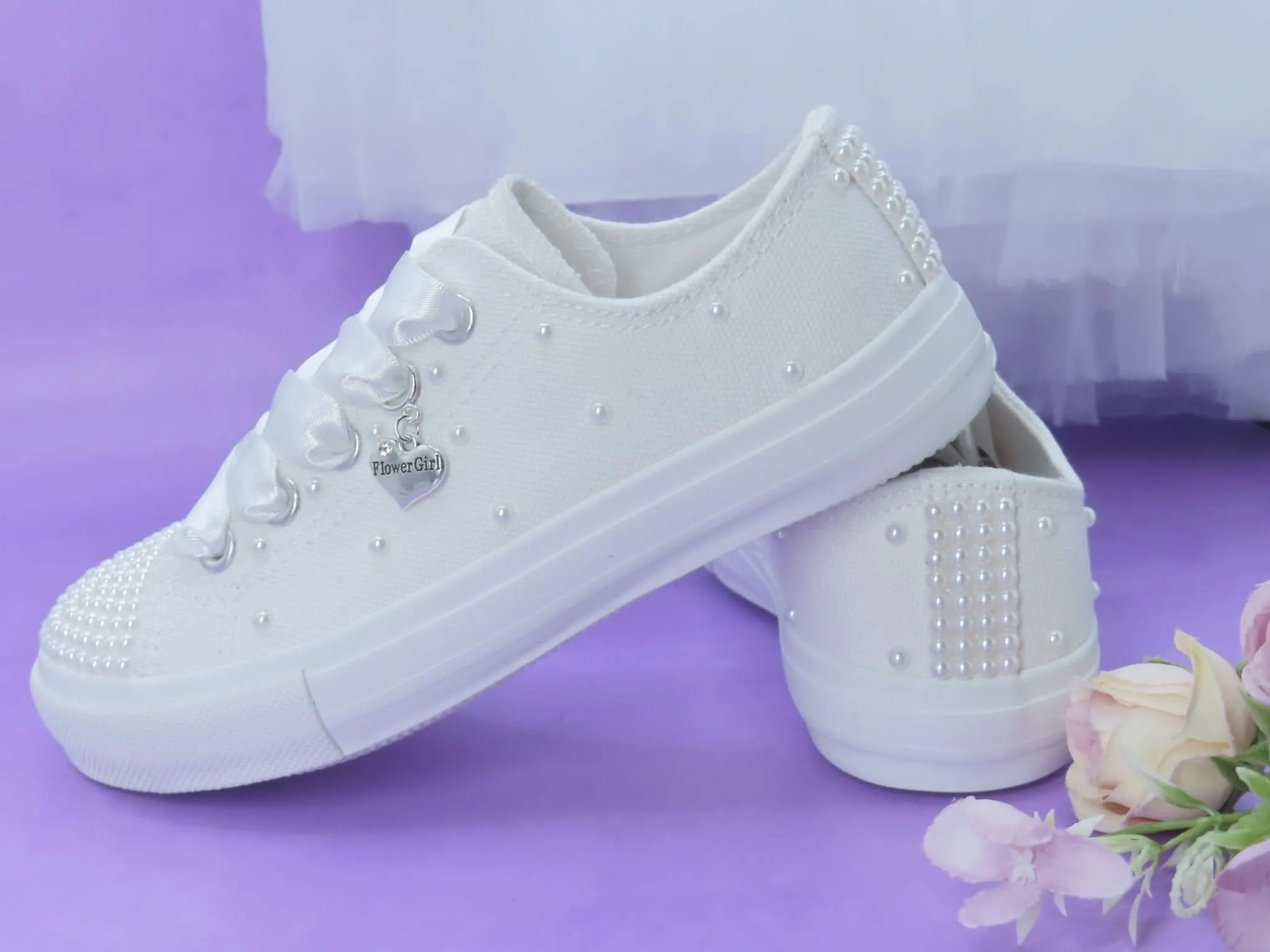 White Pearl flower Girl Trainer Shoes