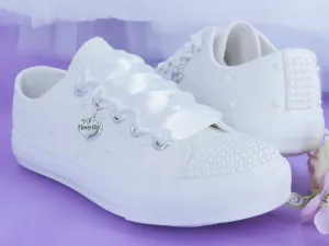 White Pearl flower Girl Trainer Shoes