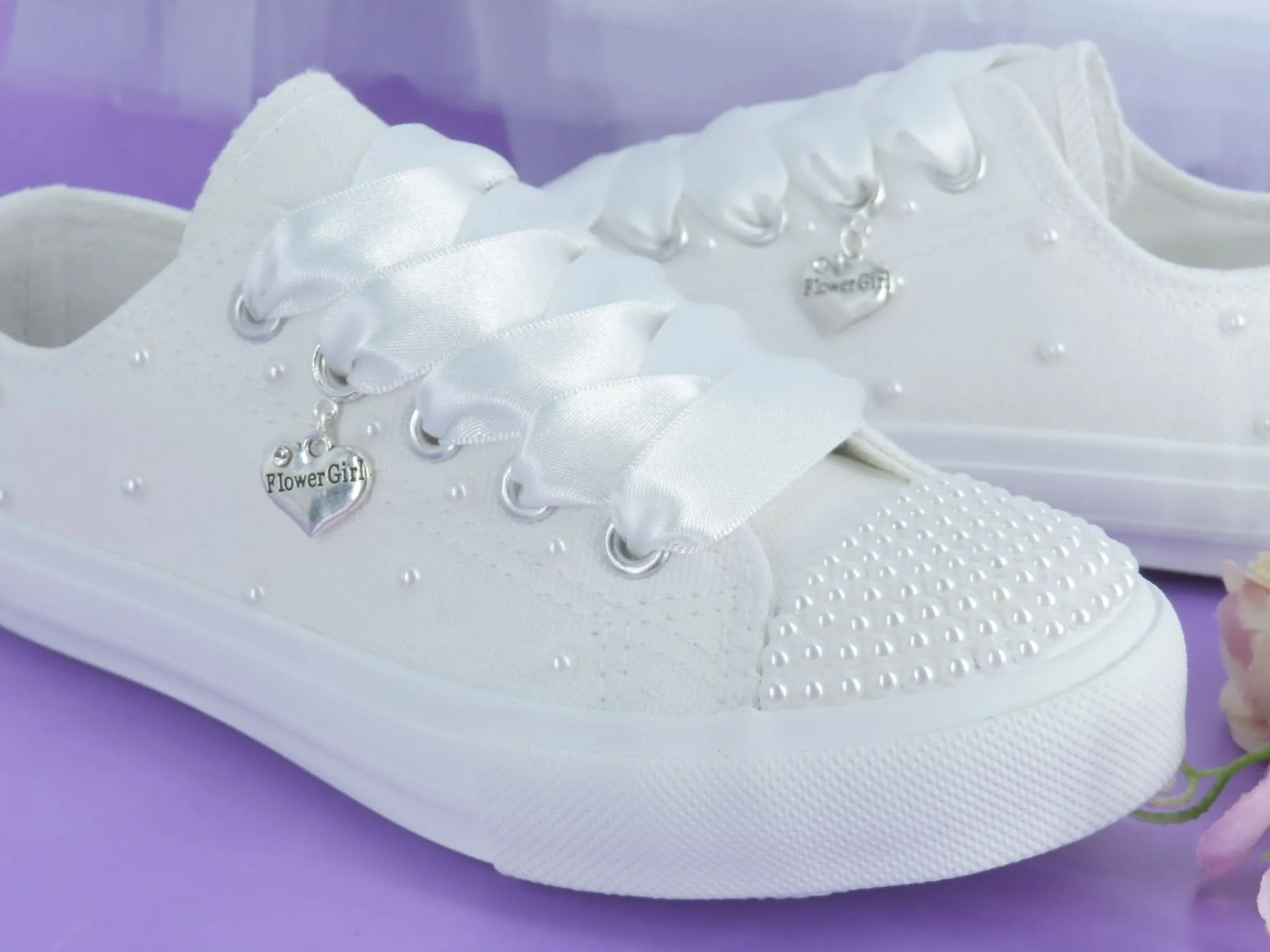White Pearl flower Girl Trainer Shoes