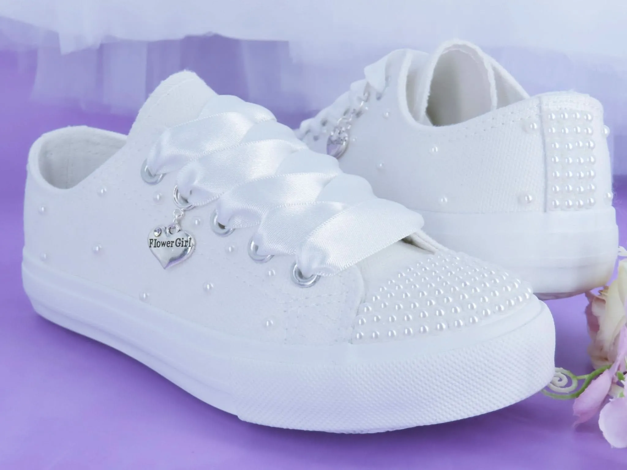 White Pearl flower Girl Trainer Shoes