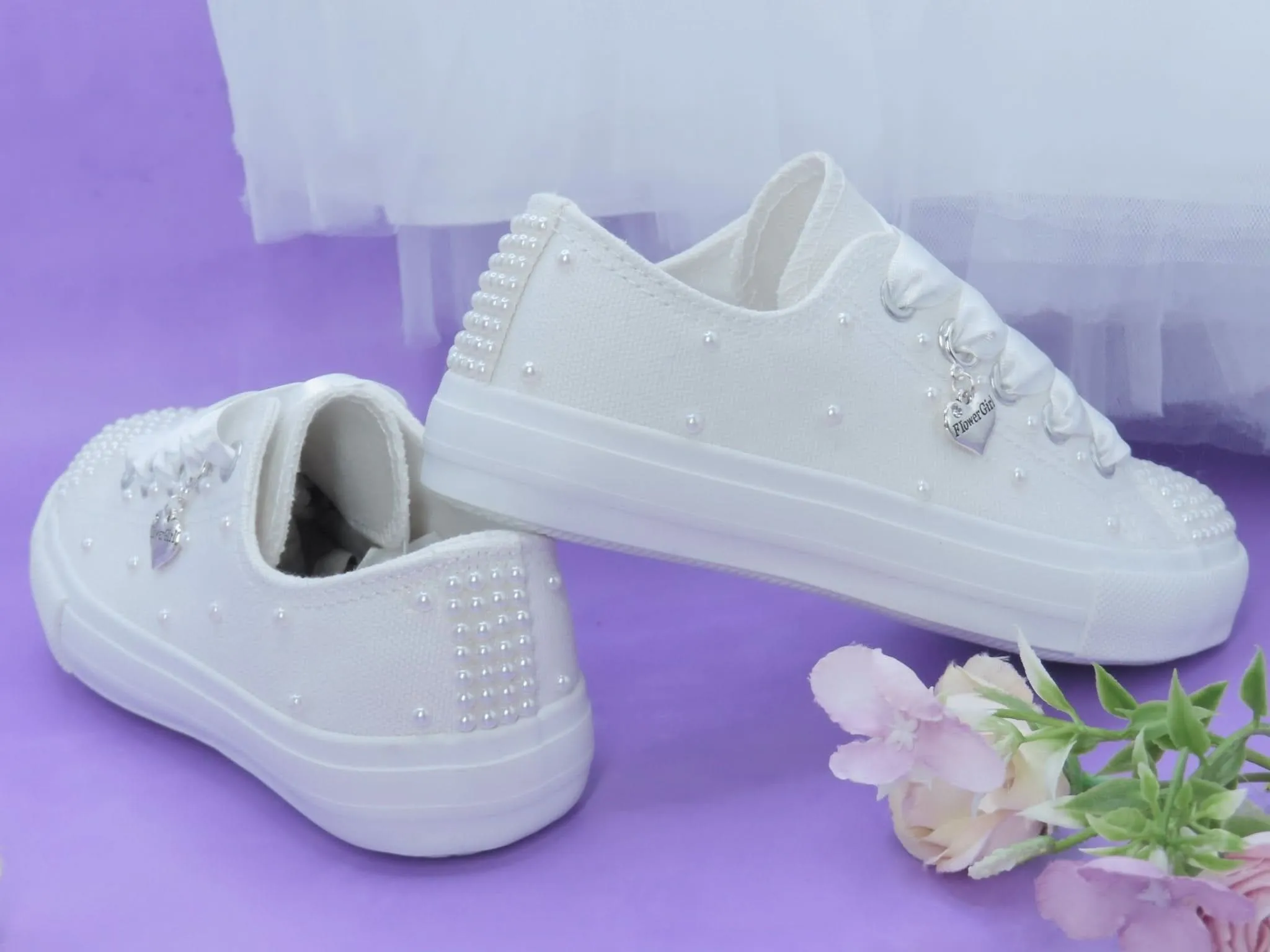 White Pearl flower Girl Trainer Shoes