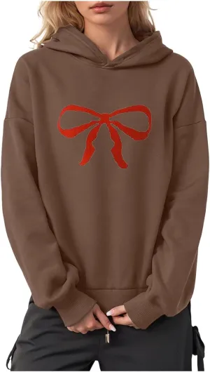 Women Oversized Hoodies Red Bow Printed Hooded Sweatshirt Loose Fit Casual Fashion Outfits Workout Pullover with