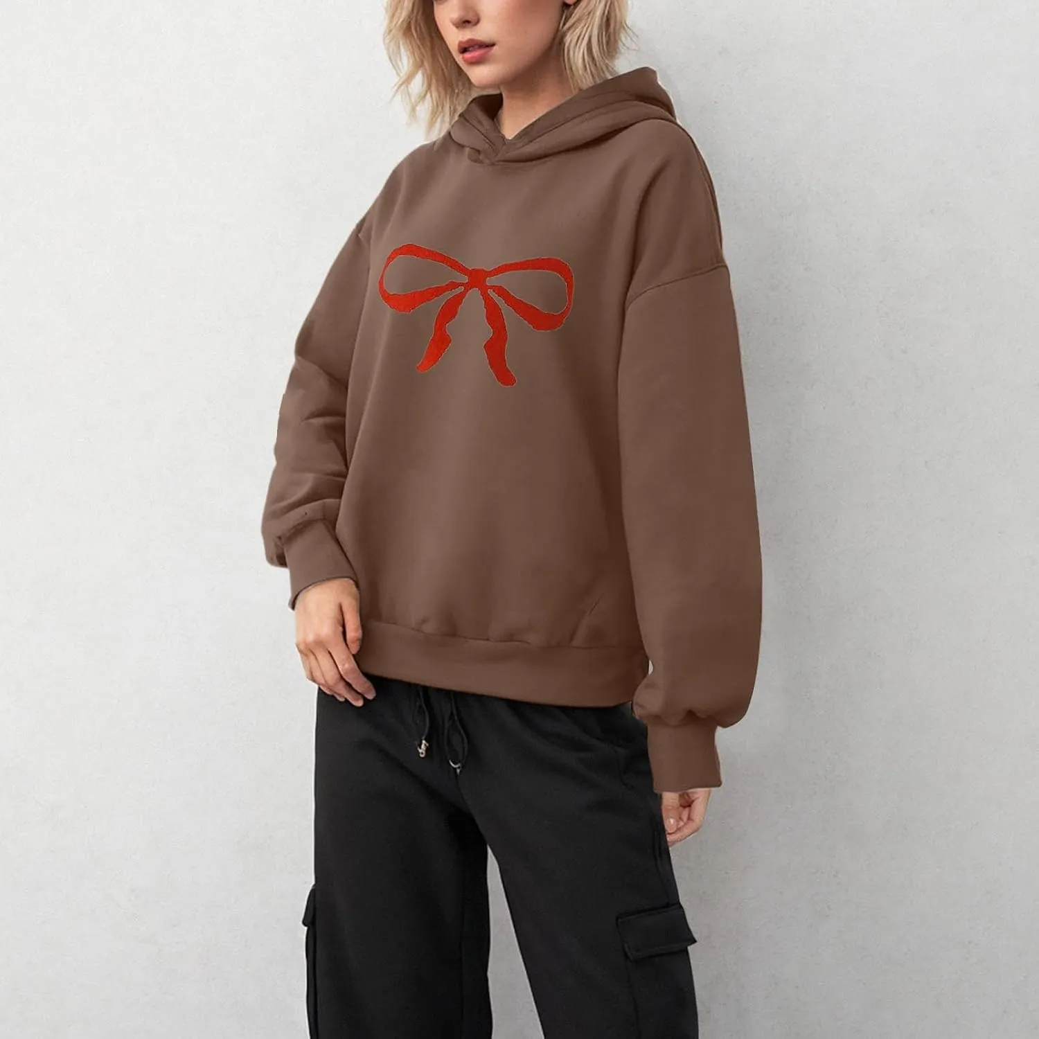 Women Oversized Hoodies Red Bow Printed Hooded Sweatshirt Loose Fit Casual Fashion Outfits Workout Pullover with