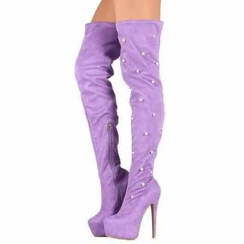 Women's Trendy Purple Pearl Thigh High Platform Boots